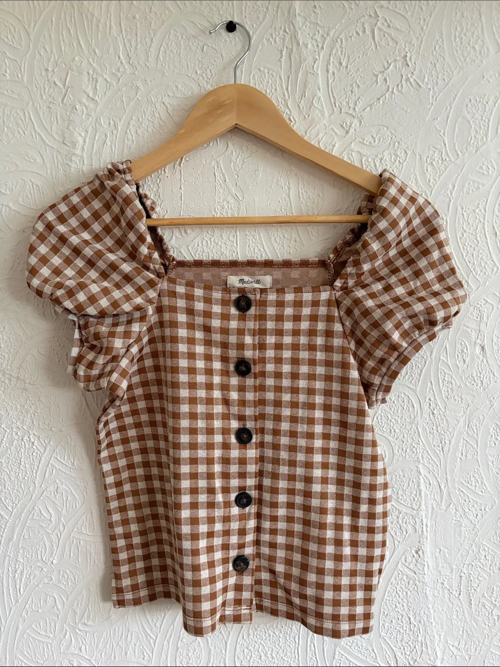 Madewell Gingham Puff Sleeve Button-Front Top - Brown & White